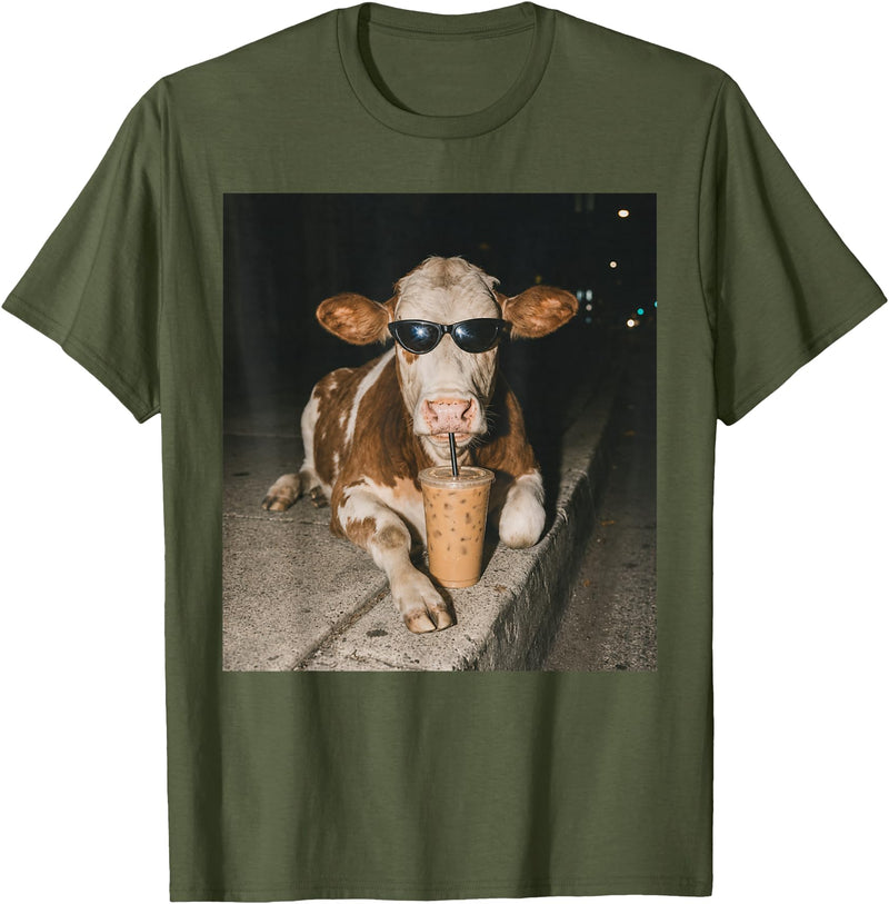 Funny Cow Drinking Iced Coffee Meme Cow Drinking Iced Coffee Funny Animal Meme Tee T-Shirt - Olive Green