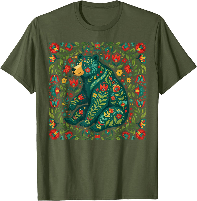 Nordic Scandinavian Folk Art Flower Designs Scandinavian Folk Art Bear Floral Pattern Nordic Animal T-Shirt - Olive Green