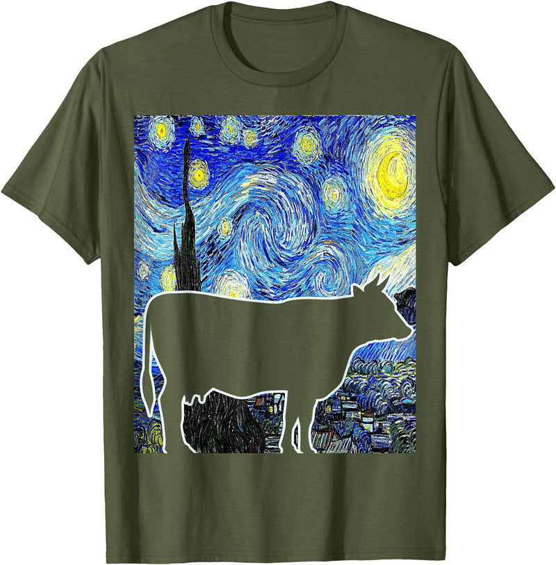 Funny Cow Van Gogh Famous Painting Cow Starry Night Van Gogh Funny Cow Farmer T-Shirt - Olive Green