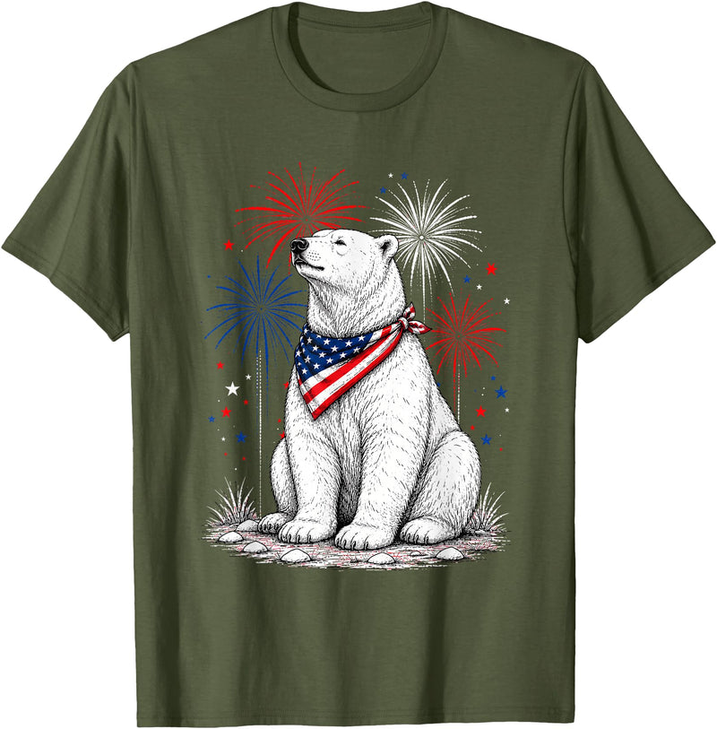Polar Bear America's 250th 4th of July Outfit Polar Bear America's 250th Patriotic Fireworks Animal Lovers T-Shirt - Olive Green