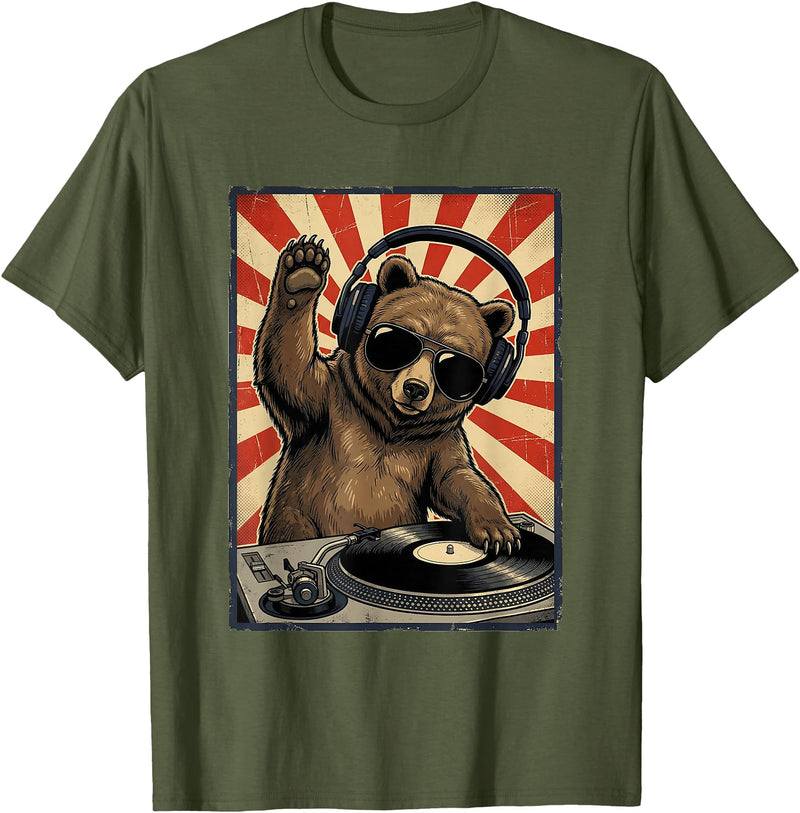 Bear DJ Stuff & Accessories Cool Retro Bear DJ Funny Bears Music Men Women Kids T-Shirt - Olive Green