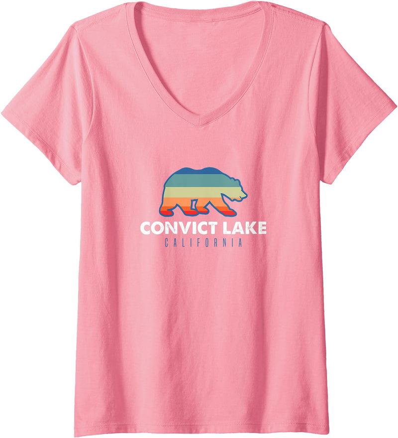 Convict Lake Shirts Womens Convict Lake California Sunset Bear Outdoors Boating Fishing V-Neck T-Shirt - Pink