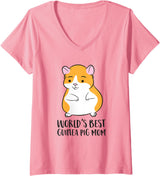 Cute Guinea Pig Gifts Womens Guinea Pig Mama World's Best Guinea Pig Mom V-Neck T-Shirt - Pink
