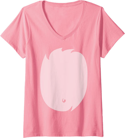 Womens Pig Costume Pink Fur Pig Belly Cute DIY Halloween V-Neck T-Shirt