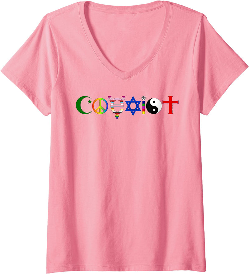 Bear In The Cloud Womens Coexist V-Neck T-Shirt - Pink