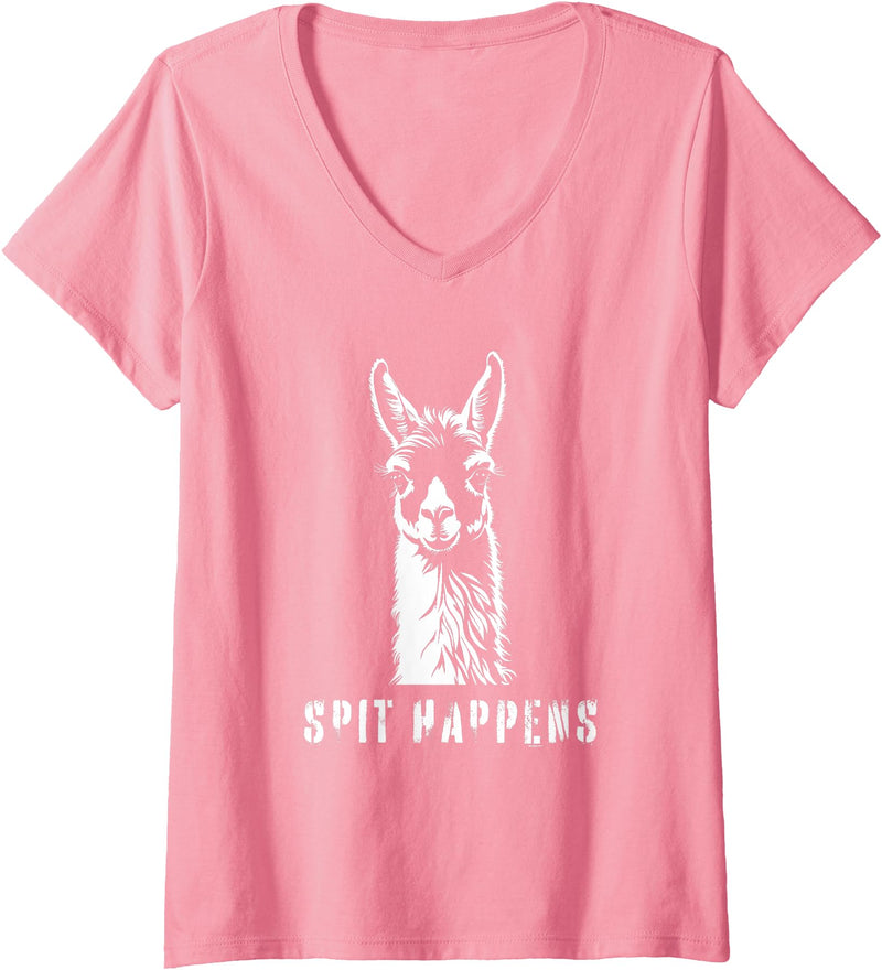 Womens Funny Llama Spit Happens - Llama Drama V-Neck T-Shirt - Pink