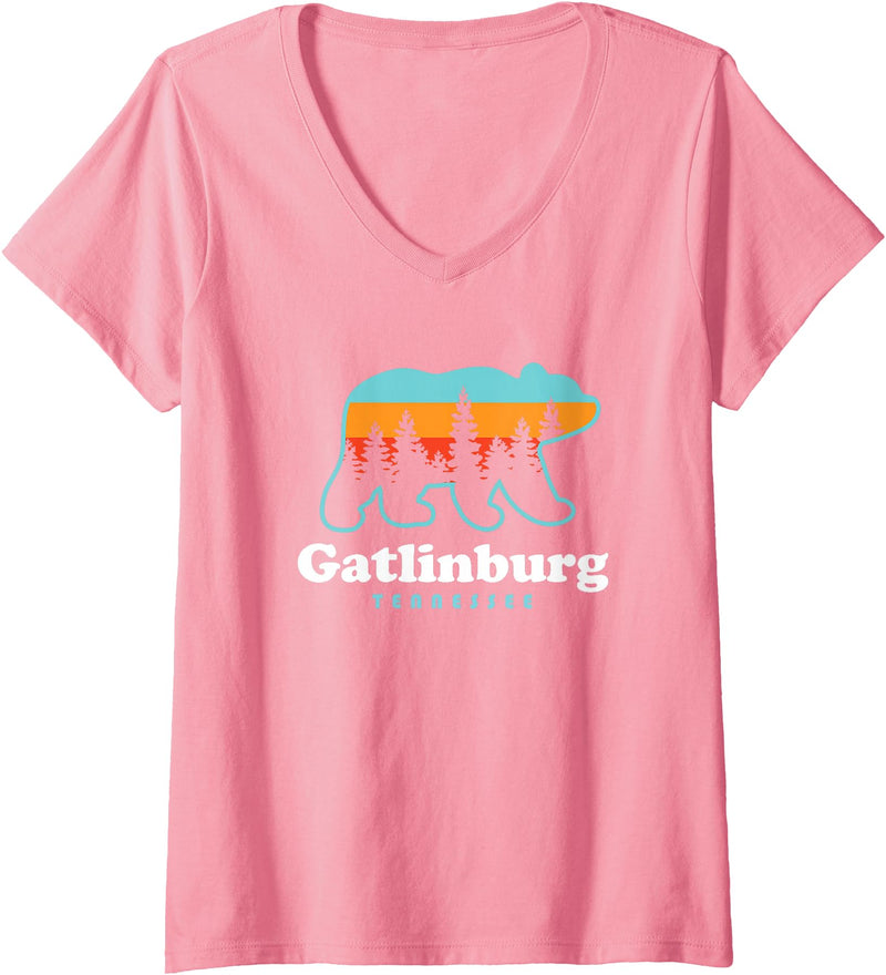 Great Smoky Mountains TN Travel Womens Gatlinburg Tennessee Bear Great Smoky Mountains V-Neck T-Shirt - Pink
