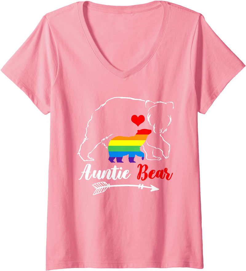 Funny Bear Family Gay LGBT Pride HBL Womens LGBT Auntie Bear Aunt Gay Pride Proud Mom Mother's Day V-Neck T-Shirt - Pink