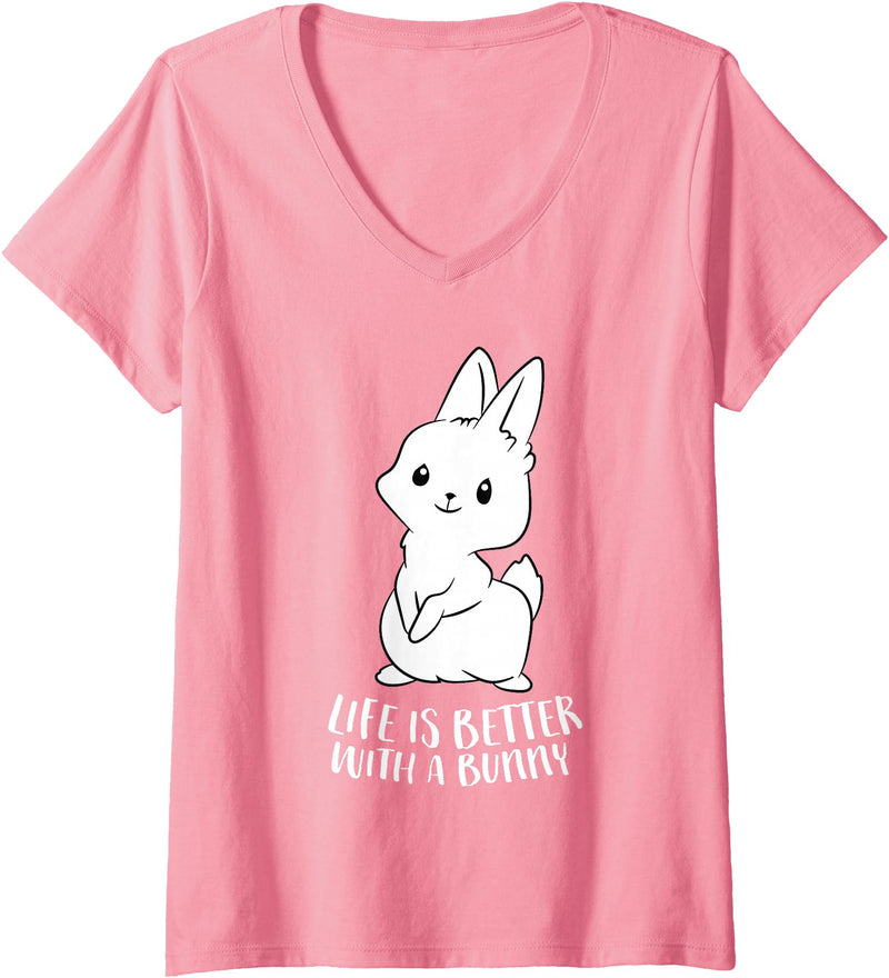 Womens Life Is Better with a Bunny Cute Bunny Rabbit V-Neck T-Shirt in Pink