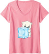 Cute Polar Bear Ice Cube Arctic Kawaii Women's Adorable Baby Polar Bear Hugging Big Ice Cube V-Neck T-Shirt - Pink