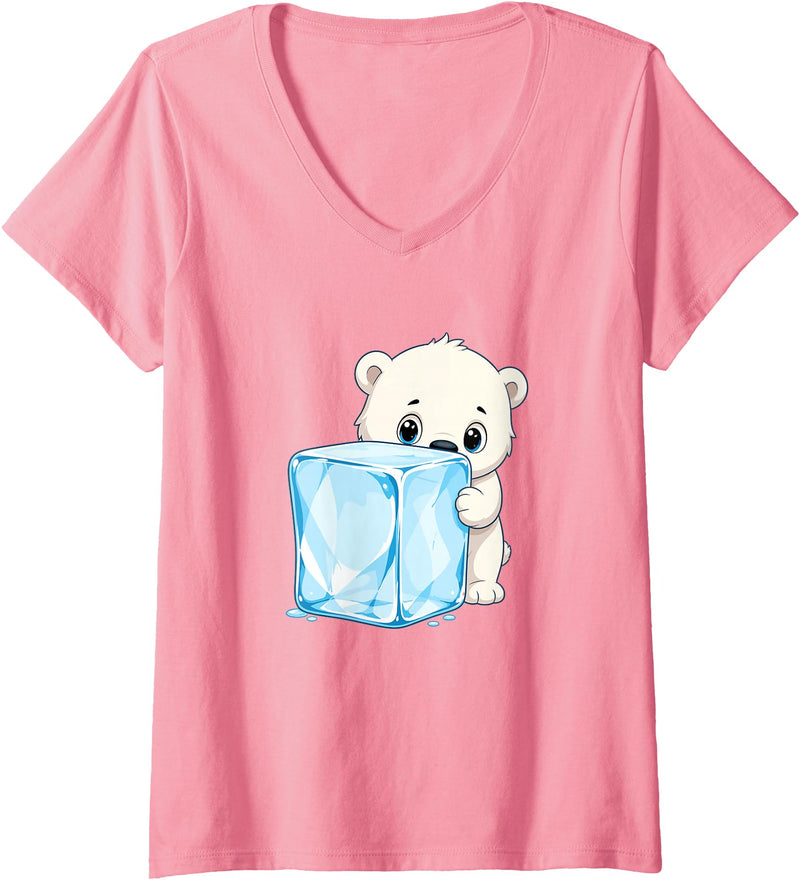 Cute Polar Bear Ice Cube Arctic Kawaii Women's Adorable Baby Polar Bear Hugging Big Ice Cube V-Neck T-Shirt - Pink