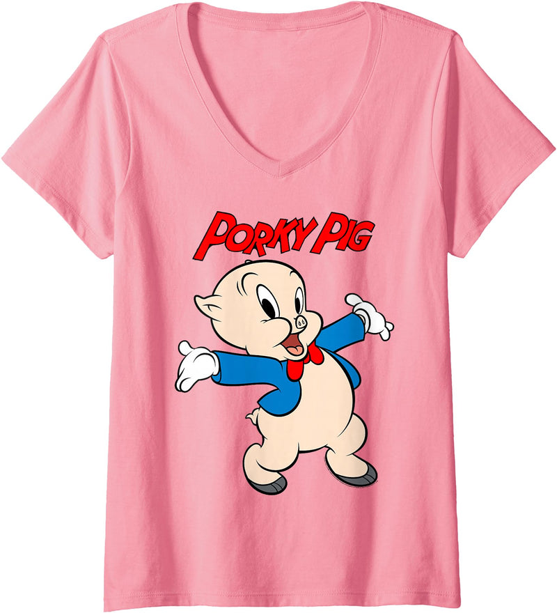 Womens Looney Tunes Porky Pig Vintage Portrait V-Neck T-Shirt - Pink