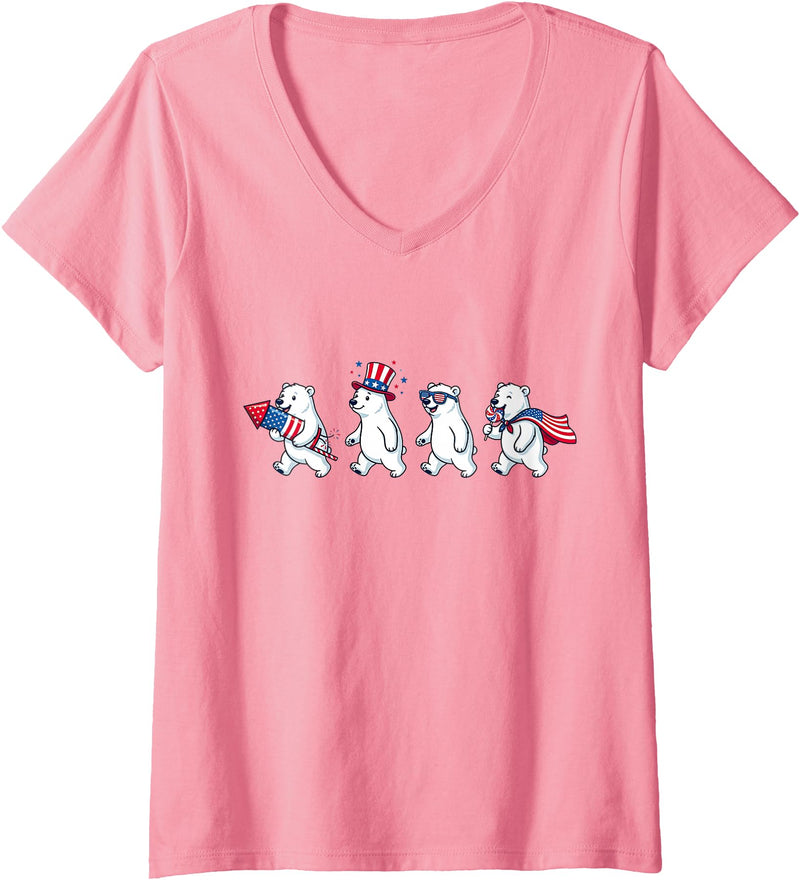 Polar Bear Lover Patriotic Veterans Day Costume Women's Funny Polar Bear American USA Flag 250 Years 4th of July V-Neck T-Shirt - Pink