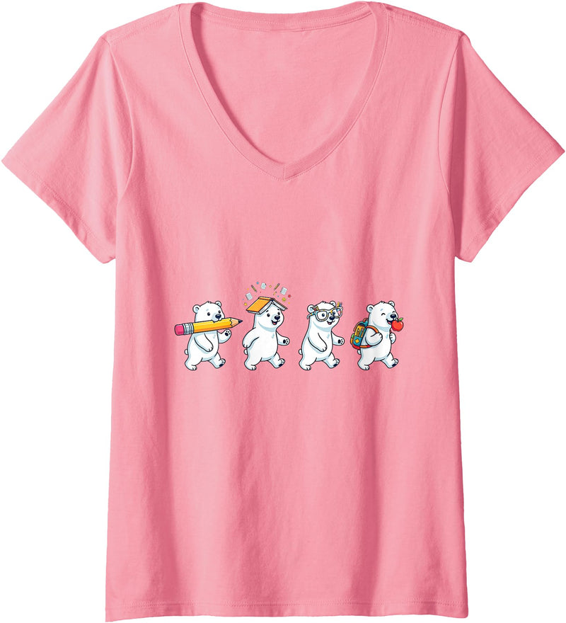Cute Polar Bear Lovers First Day of School Costume Women's Funny Polar Bear Back to School Teacher Student V-Neck T-Shirt - Pink