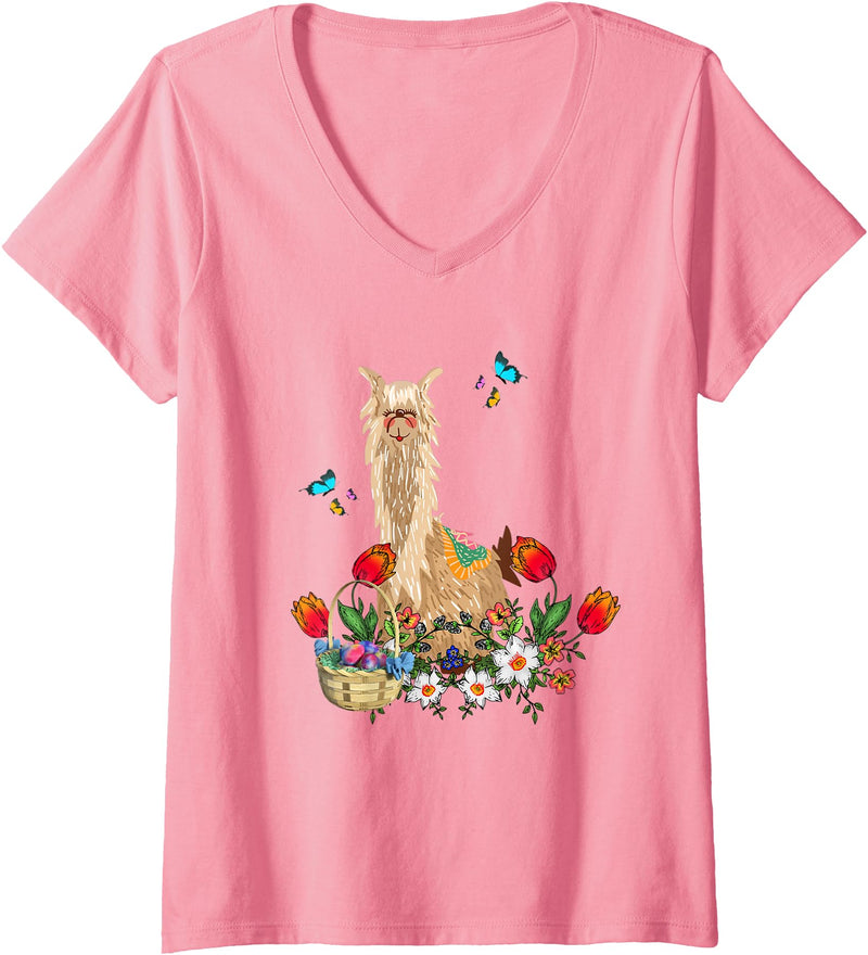 Easter Lama, Llama Lover Womens Lama, Llama With Easter Eggs Basket V-Neck T-Shirt - Pink
