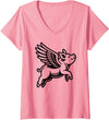 Funny Pig Humor by TKsTees Women's Funny Flying Pig Oink Aviator V-Neck T-Shirt - Pink