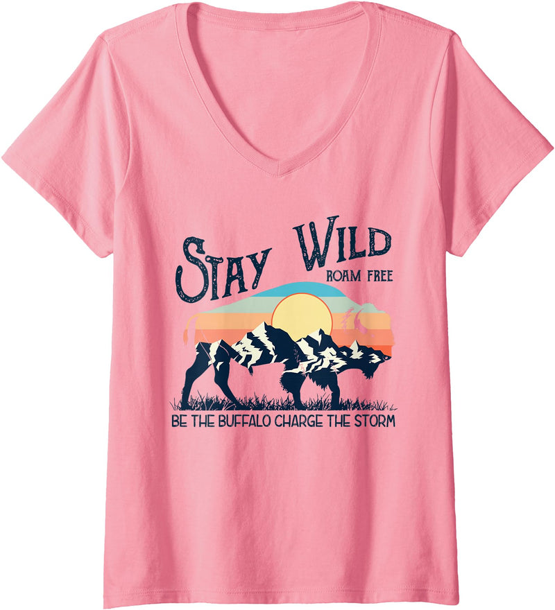 Buffalo Bison National Park Wild Animal Lover Womens W4Mx Retro Stay Wild Roam Free The Buffalo Charge The Storm V-Neck