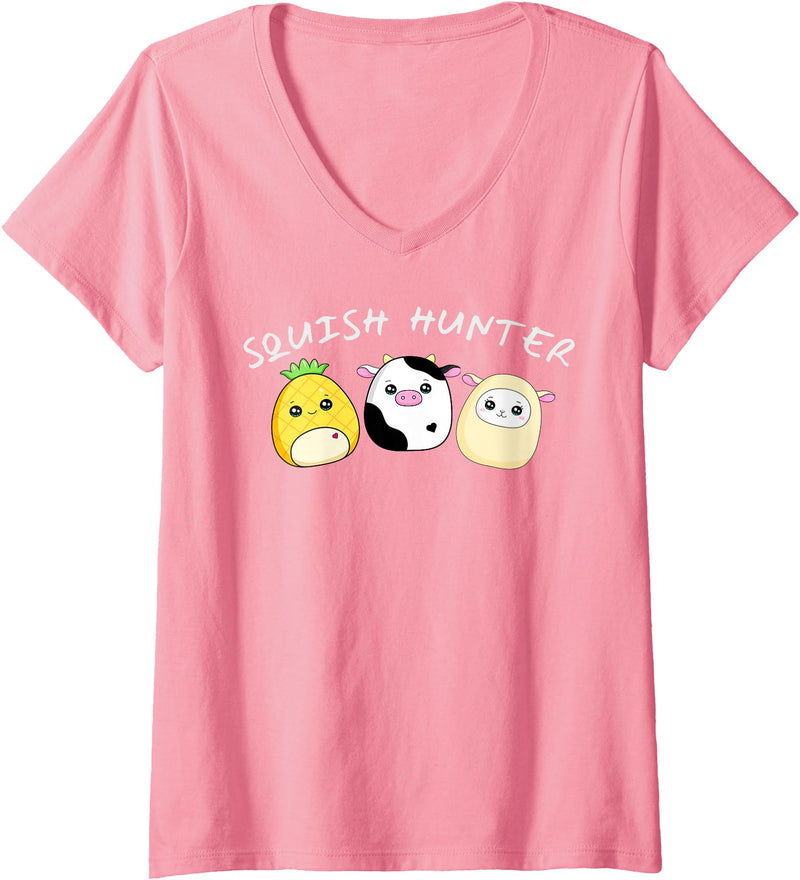 Funny anime designs Womens Squish hunter cute animals pineapple cow lamb V-Neck T-Shirt - Pink