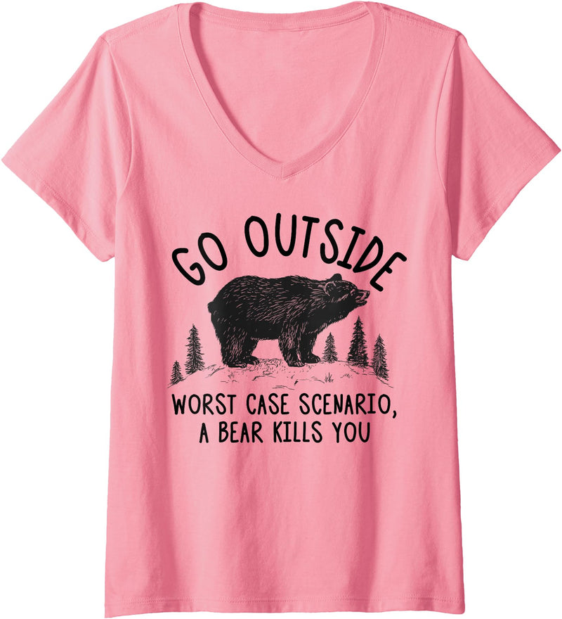 Camping Lover Tee Shirt Women's Go Outside Worst Case Scenario a Bear Kills You Funny Shirt V-Neck T-Shirt - Pink
