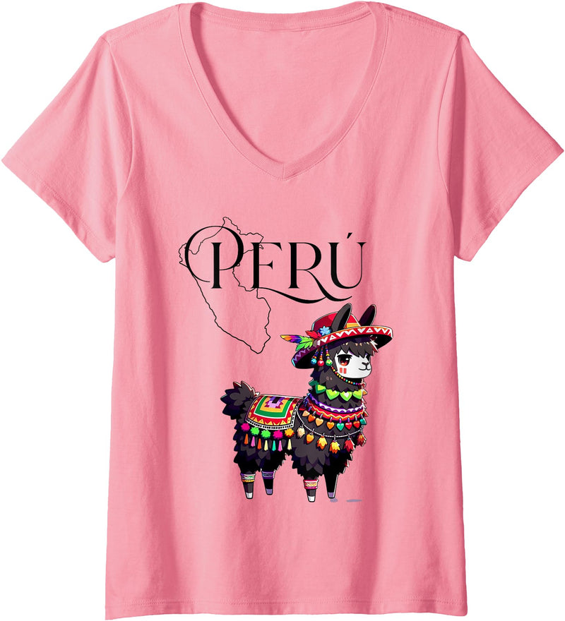 Ceci Merch Studio Women's Attractive Casual Peruvian Andean Graphic Llama V-Neck T-Shirt - Pink
