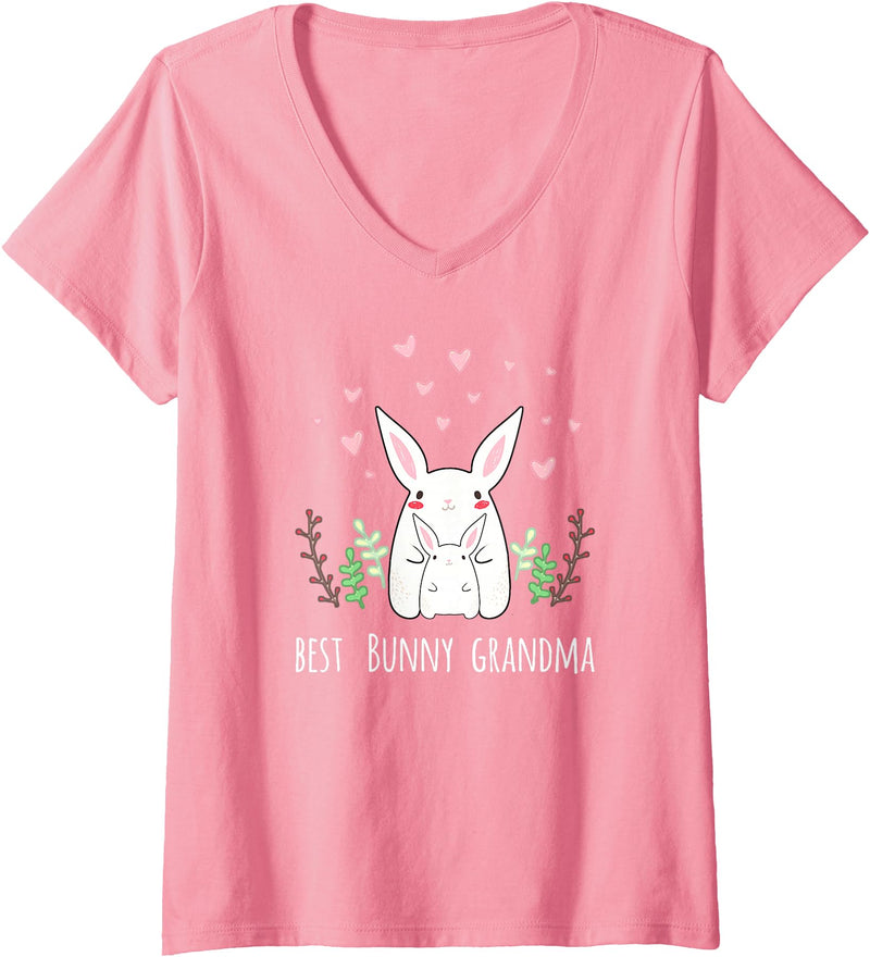 Women's Cute Bunny Grandma Rabbit Grandmother V-Neck T-Shirt in Pink