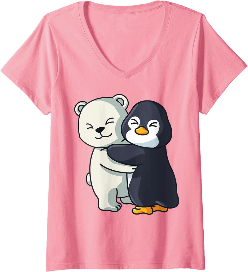 Penguin and Polar Bear Hug Antarctica Animals Womens Cute Polar Bear and Penguin Arctic Animal Lover Hugging V-Neck T-Shirt - Pink