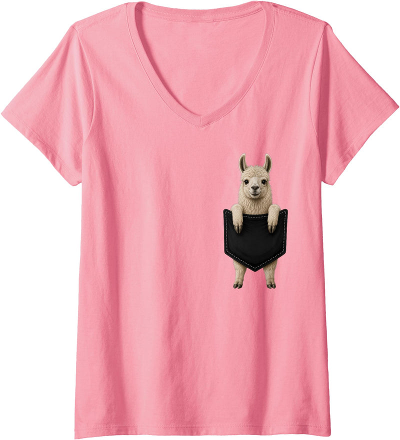 Funny Llama in Pocket Women's Llama Lover Cute Pocket V-Neck T-Shirt - Pink