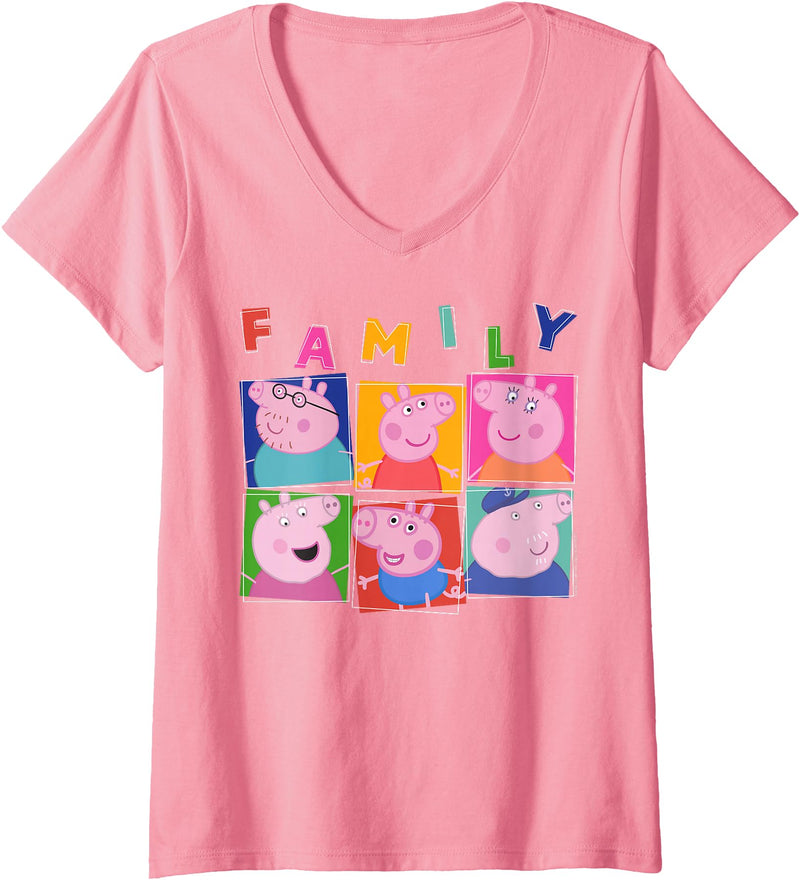 Womens Peppa Pig Family Box Up V-Neck T-Shirt - Pink