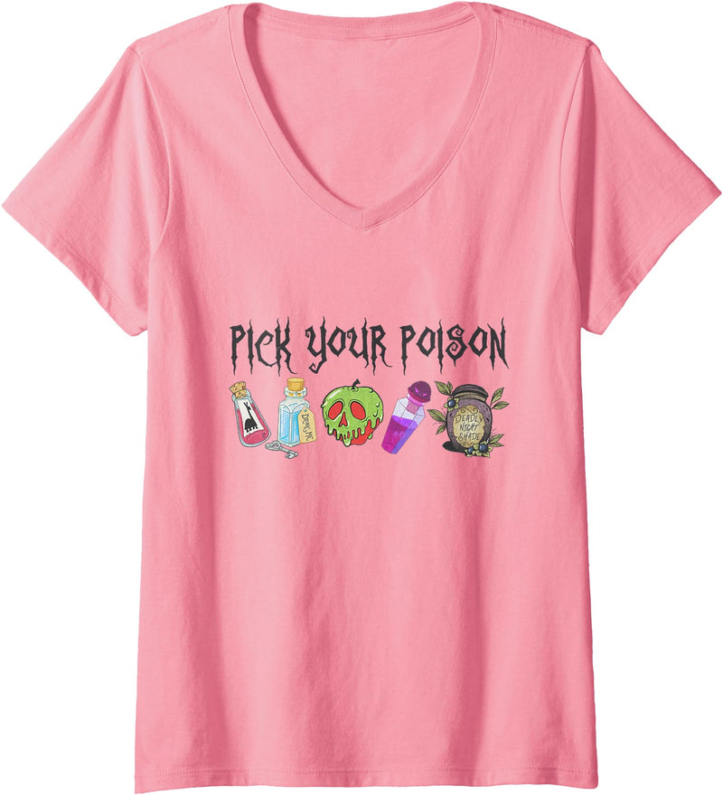 Womens Pick Your Poison Happy Halloween Day Party Spooky Funny V-Neck T-Shirt - Pink