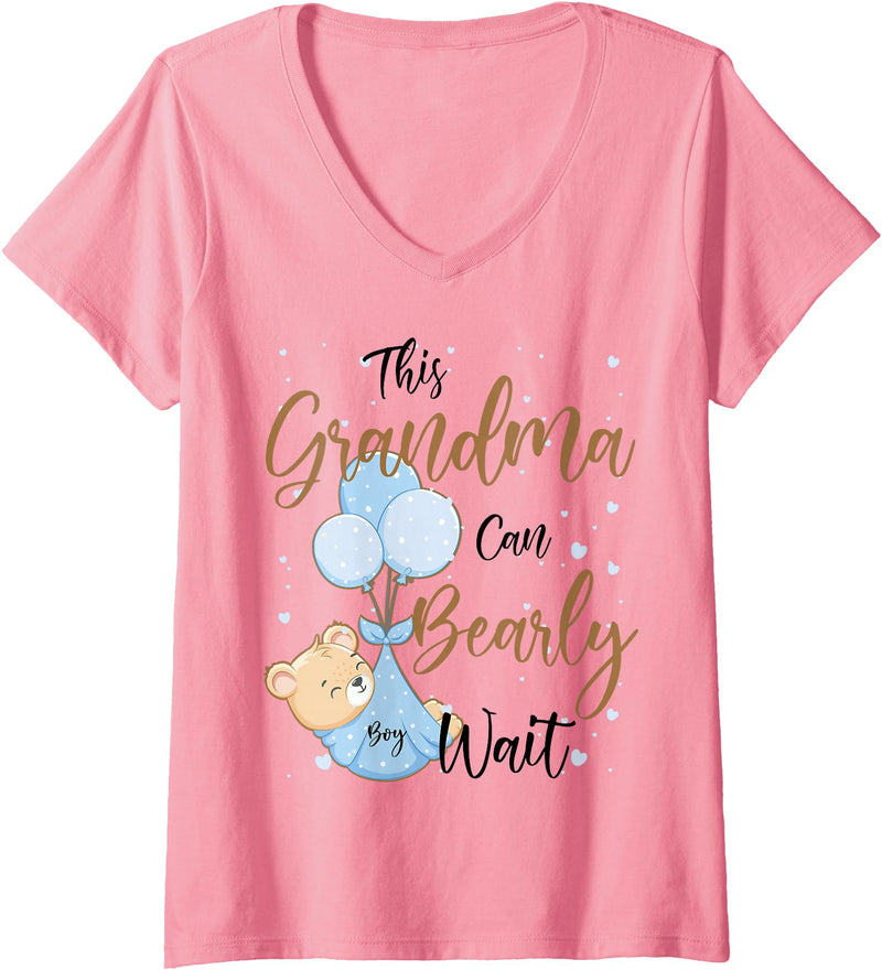Baby Bear Baby Shower Theme Matching Co Womens Baby Bear Baby Shower Theme Grandma Bearly Wait Baby Boy V-Neck T-Shirt - Pink
