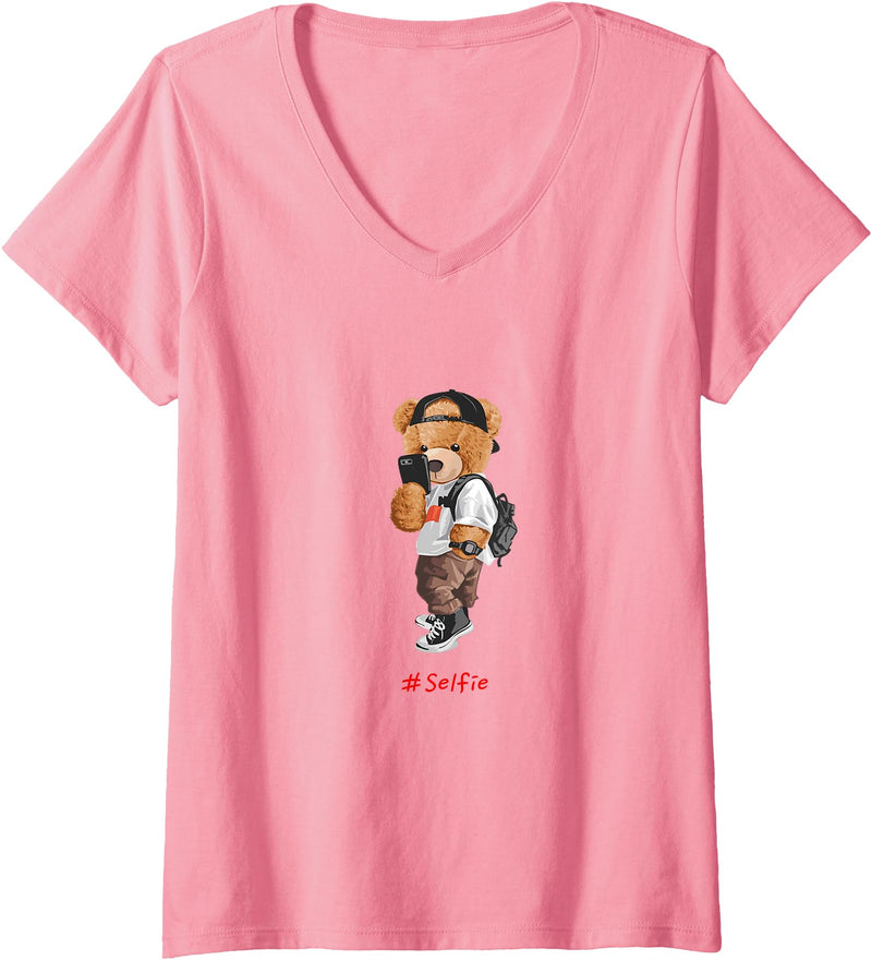 Bahaa's Tee Womens Men's Women's Kids Teddy Bear Graphic Cool Designs Funny V-Neck T-Shirt - Pink