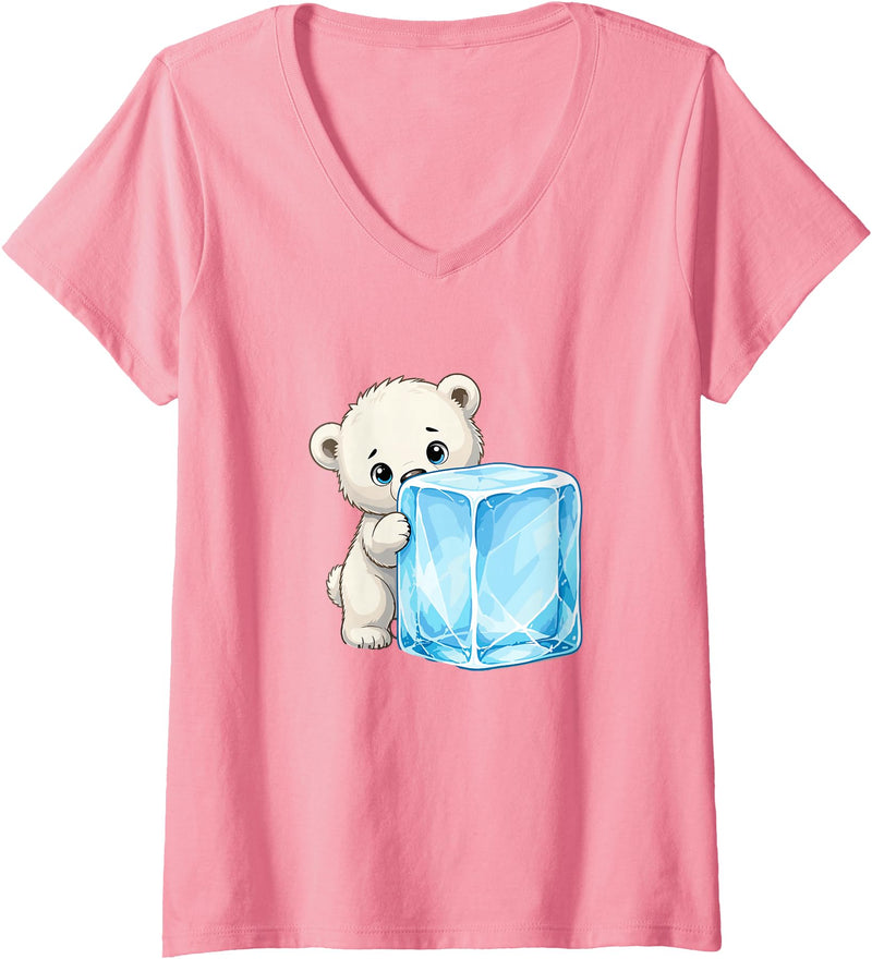 Cute Polar Bear Ice Cube Cartoon Arctic Women's Kawaii Baby Polar Bear Hugging Big Ice Cube V-Neck T-Shirt - Pink