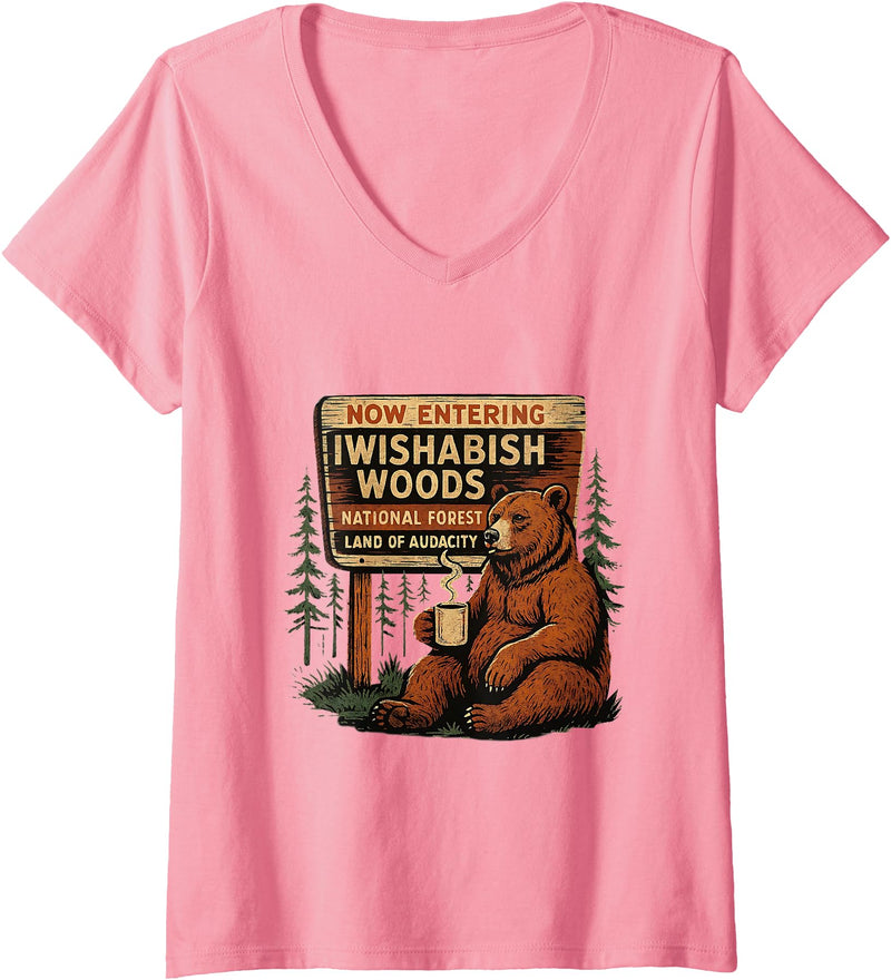 Funny Bear Woods Vintage Art Women's I Wish A Bish Woods Funny Bear Vintage Design V-Neck T-Shirt - Pink