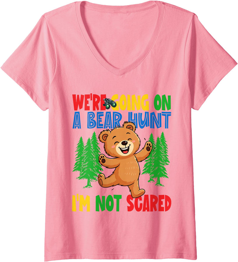 Cute Cartoon Bear Matching Family Outing for Kids Womens We're Going on a Bear Hunt I'm Not Scared Playful Kids Cute V-Neck T-Shirt - Pink