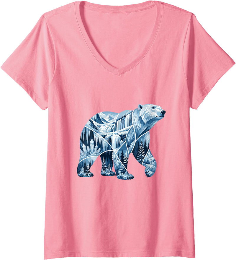 Arctic Polar Bear Mountain Waterfall Nature Women's Arctic Polar Bear Forest Waterfall Landscape V-Neck T-Shirt - Pink