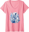 Arctic Polar Bear Crystal Flowers Nature Women's Majestic Arctic Polar Bear with Ice Flowers Fantasy V-Neck T-Shirt - Pink
