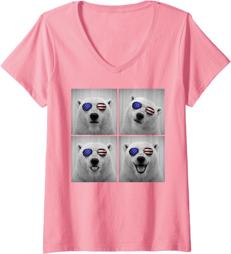 Retro Polar Bear USA July Fourth Photo Booth Women's Polar Bear 4th of July US American Flag Patriotic V-Neck T-Shirt - Pink