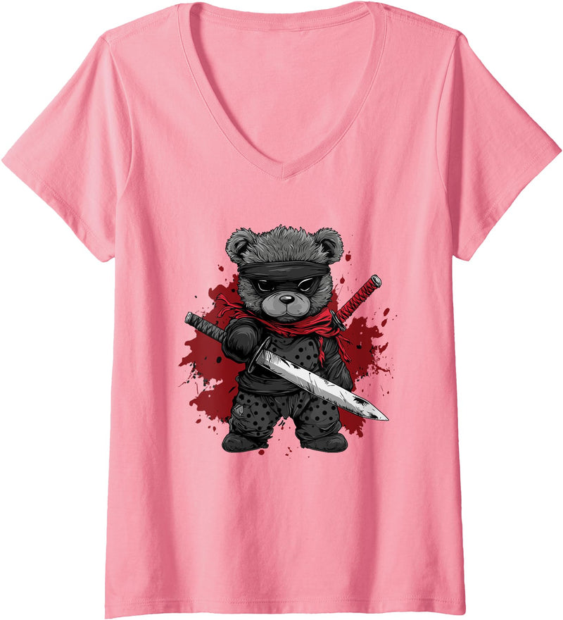 dark teddy bear love Womens Ninja Teddy Bear V-Neck T-Shirt - Pink