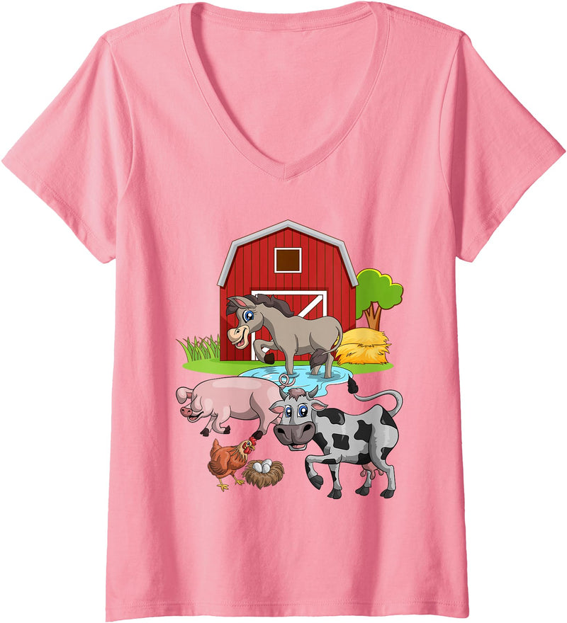 Farmer Funny Farm Animal Lover Gift Womens Donkey Pig Chicken Cow Agriculture Farm Animal V-Neck T-Shirt - Pink