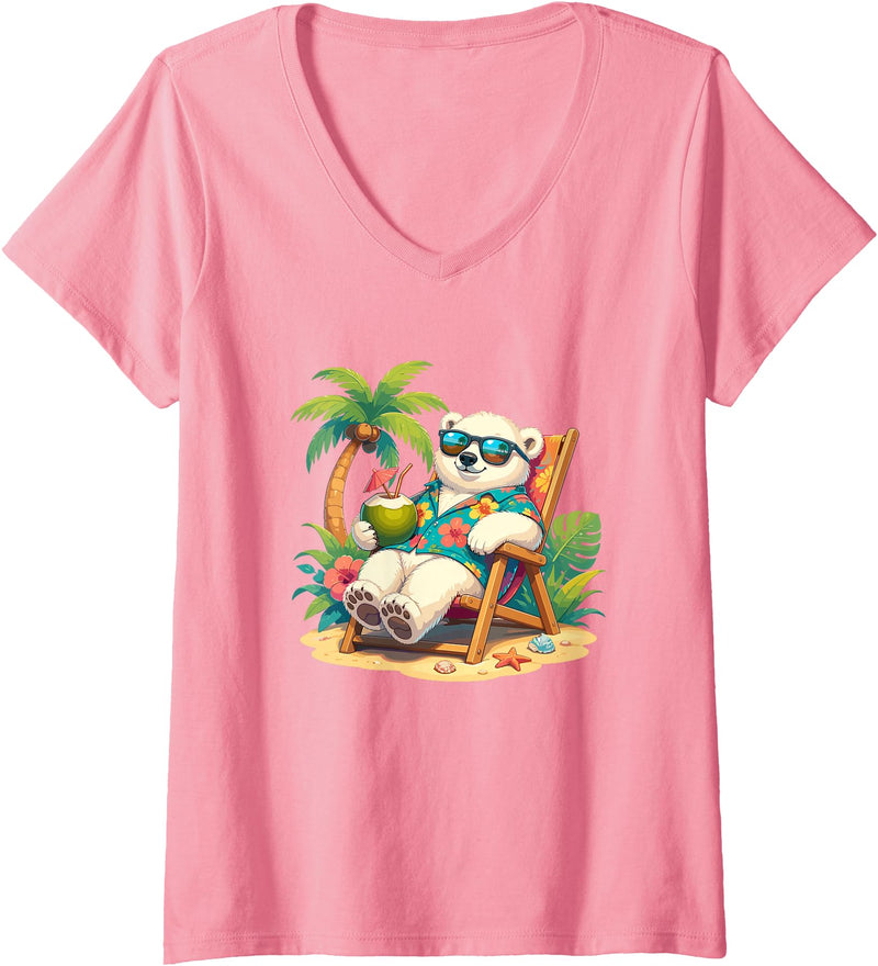 Tropical Polar Bear Summer Beach Vibes Women's Relaxed Polar Bear Hawaiian Shirt Summer Beach V-Neck T-Shirt - Pink