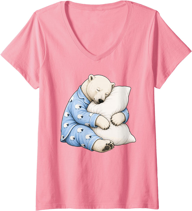 Funny Sleepy Polar Bear Pajama Women's Polar Bear Sleeping in Cute Pajamas Sleep V-Neck T-Shirt - Pink