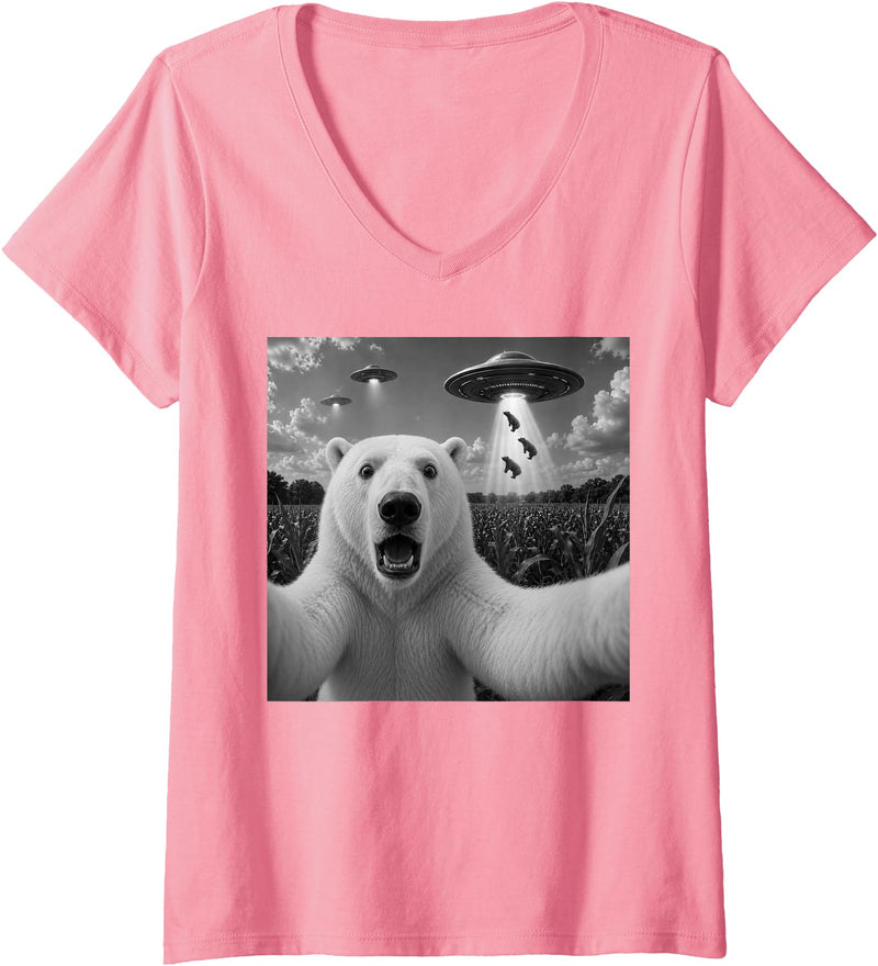 Retro Polar Bear Selfie with UFOs Meme Women's Polar Bear Selfie with UFO Alien Funny V-Neck T-Shirt - Pink