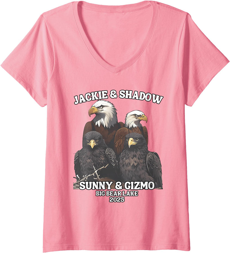 Jackie and Shadow Bald Eagle Family Tee Womens Jackie And Shadow Sunny And Gizmo Big Bear Lake 2025 V-Neck T-Shirt - Pink