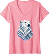 Arctic Polar Bear Nordic Snowflake Spirit Women's Winter Nordic Polar Bear Snowflake Pattern V-Neck T-Shirt - Pink
