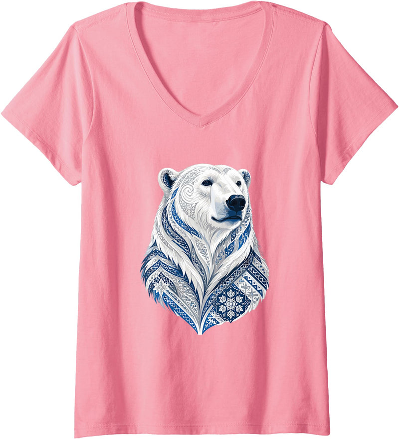 Arctic Polar Bear Nordic Snowflake Spirit Women's Winter Nordic Polar Bear Snowflake Pattern V-Neck T-Shirt - Pink