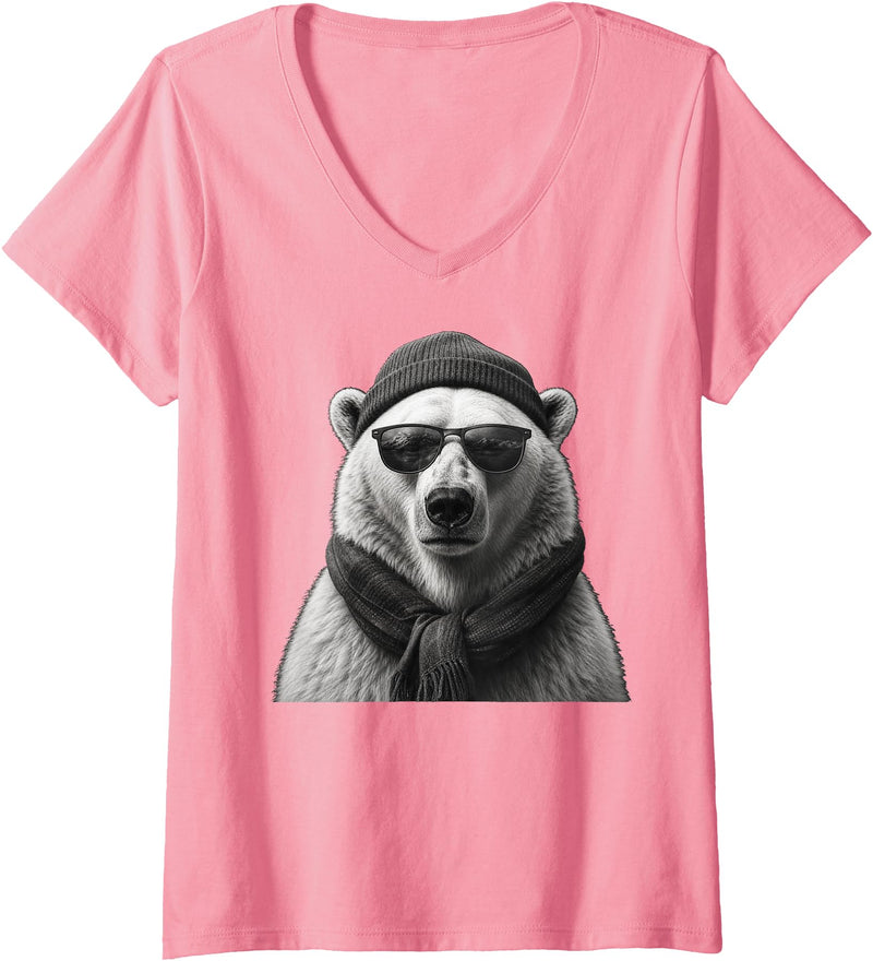 Polar Bear Enthusiast Women's Polar Bear in Sunglasses Monochrome Illustration V-Neck T-Shirt - Pink