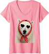 Funny Polar Bear with Sunglasses Women's Cute Polar Bear Lover Heart Sunglasses V-Neck T-Shirt - Pink