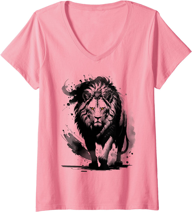 MyAnimal - Your Favourite Animal Wear Women's Stylish and Fashionable Lion Artistic Design V-Neck T-Shirt - Pink