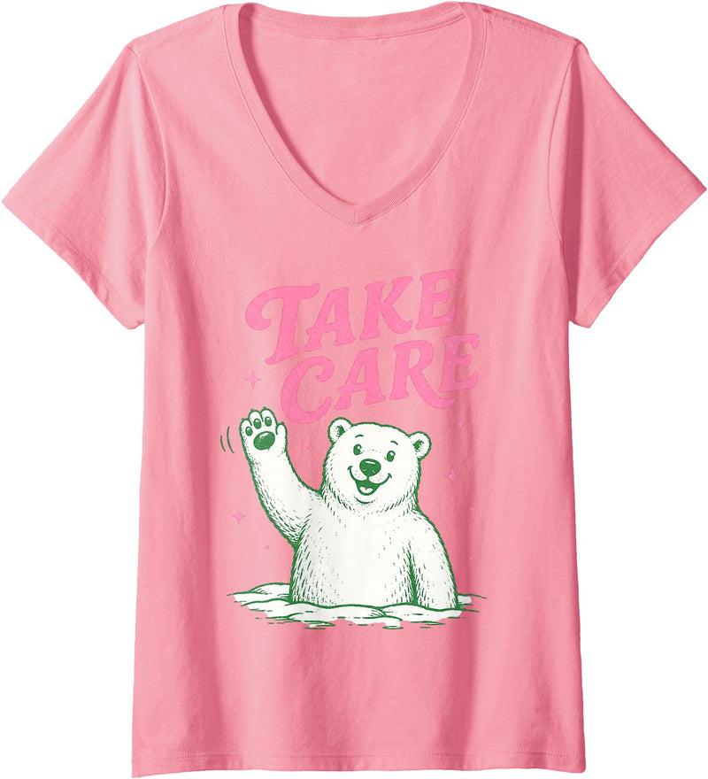Cute Kawaii Classic Goodbye Childrens Rhyming Game Women's Take Care Polar Bear Happy Funny Last Day of School Summer V-Neck T-Shirt - Pink