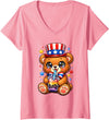 Kawaii Red White and Blue Fourth July Little Kids Women's Cute Teddy Bear Patriotic 4th July Gift Bubble Boba Tea USA V-Neck T-Shirt - Pink